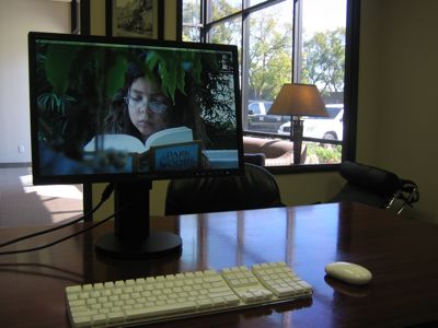 Monitor positioned directly in front of chair for ergonomics -- push aside for meetings. Clear view out the window from desk.